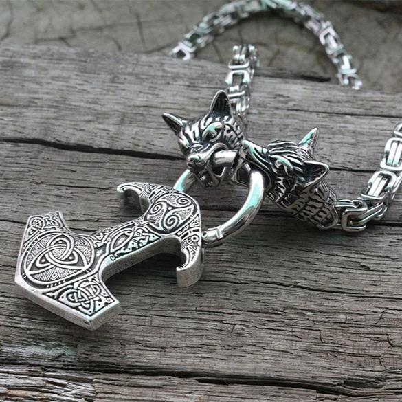 Raven Mjolnir Viking Wolf Head and Anchor Necklace Norse jewelry